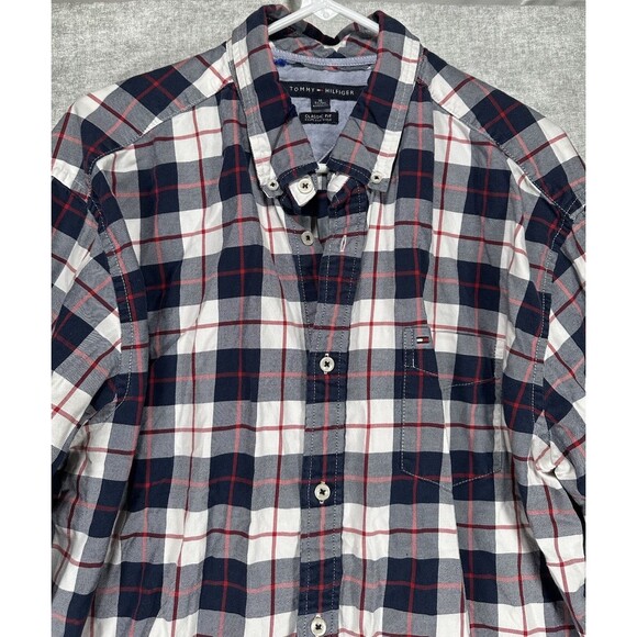 Tommy Hilfiger Mens XL Classic Fit Long Sleeve Button Up Shirt Red White Blue - Picture 1 of 7